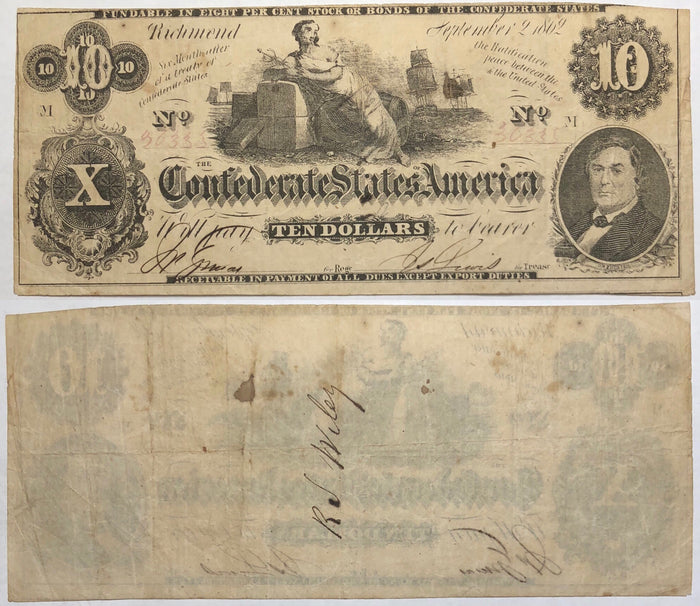 1862 $10 (T-46) Richmond, Virginia - Uniface - Confederate Currency -