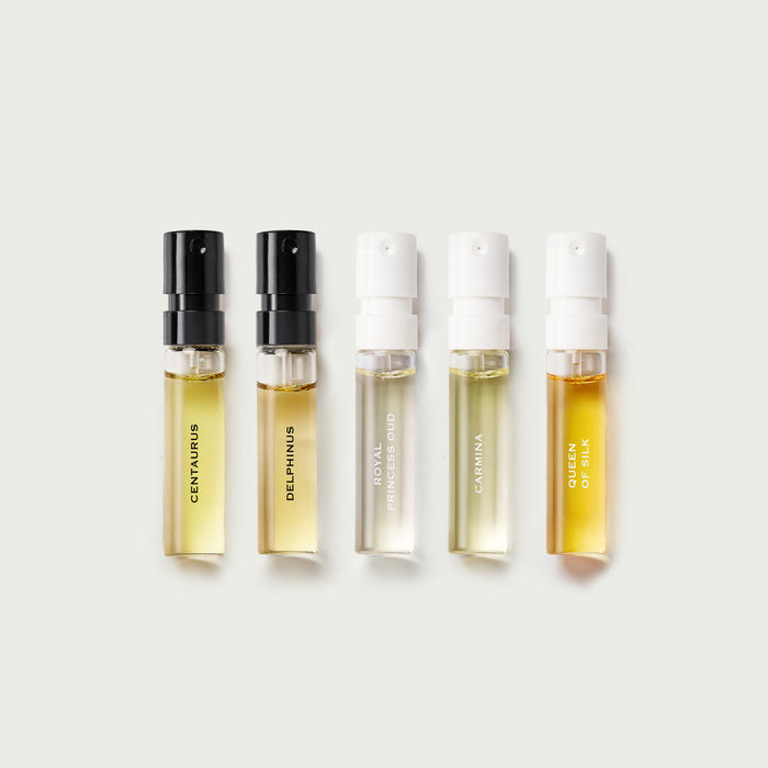 Five amber perfume sample vials - Centaurus, Delphinus, Royal Princess Oud, Carmina, Queen of Silk | Creed Fragrances