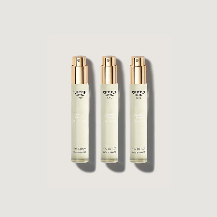 3x10ml Aventus For Her Atomiser Refill Set - Flat Lay, Gold & Ivory Vials | Creed Fragrances