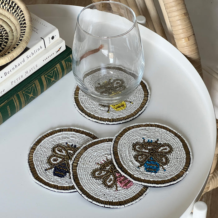 Busy Bees Hand Embroidered Glass Bead Coasters, Set of 4