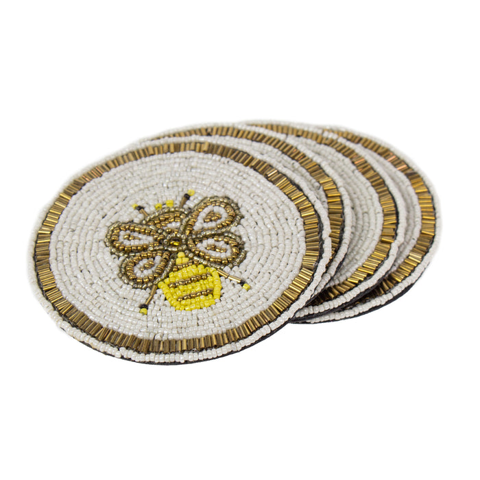 Busy Bees Hand Embroidered Glass Bead Coasters, Set of 4