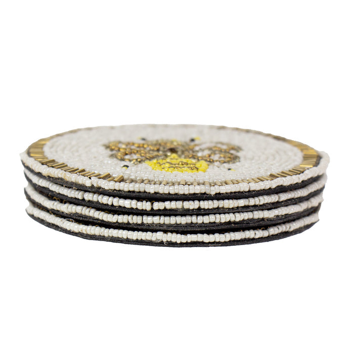 Busy Bees Hand Embroidered Glass Bead Coasters, Set of 4