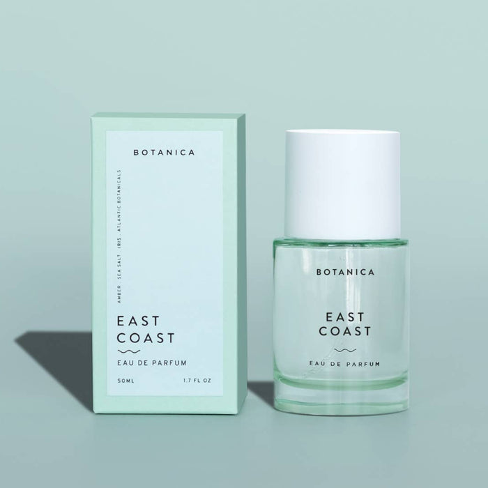 East Coast Eau de Parfum by BOTANICA in 50mL bottle, featuring elegant glass design and floral scent details.