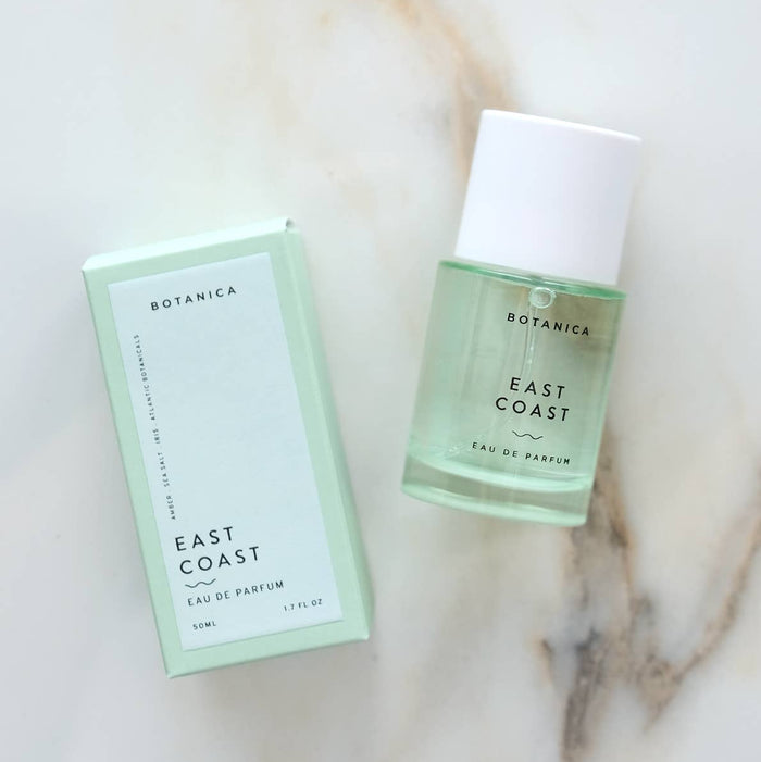 East Coast Eau de Parfum by Botanica in 50mL bottle, showcasing elegant packaging for botanical bath and body fragrance.