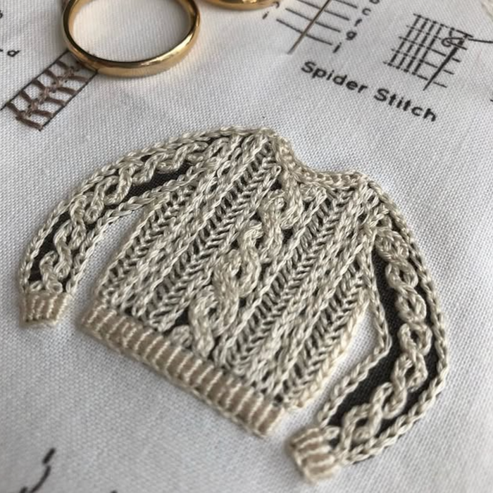 Embroidery sampler kit from Kiriki Press featuring a knit sweater design, perfect for craft and embroidery enthusiasts.