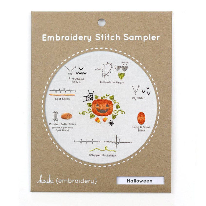 Embroidery Stitch Sampler Halloween Pumpkin art and craft kit by Kiriki Press, featuring detailed pumpkin embroidery design.