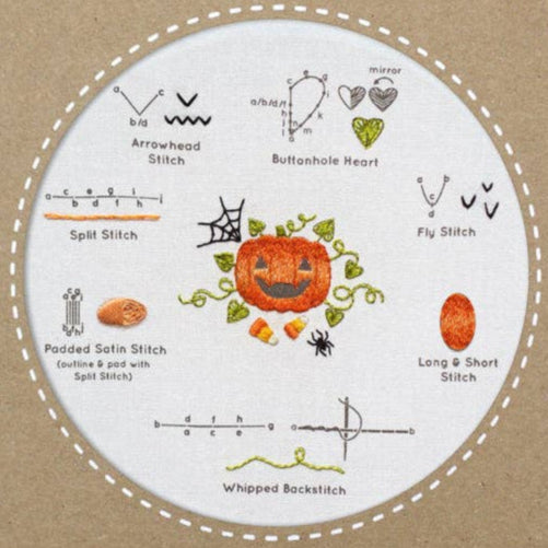 Kiriki Press Halloween Pumpkin embroidery stitch sampler, an art and craft kit featuring detailed stitch patterns on fabric.