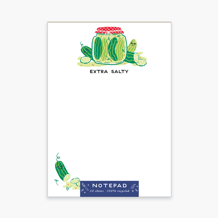 Party of One Extra Salty Pickles notepad with pickle illustration, featuring a fun and quirky design for writing notes.