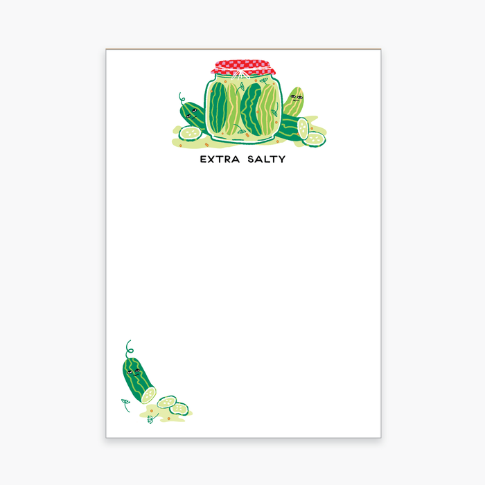 Party of One Extra Salty Pickles notepad featuring pickle illustrations on a white background for note-taking or journaling.