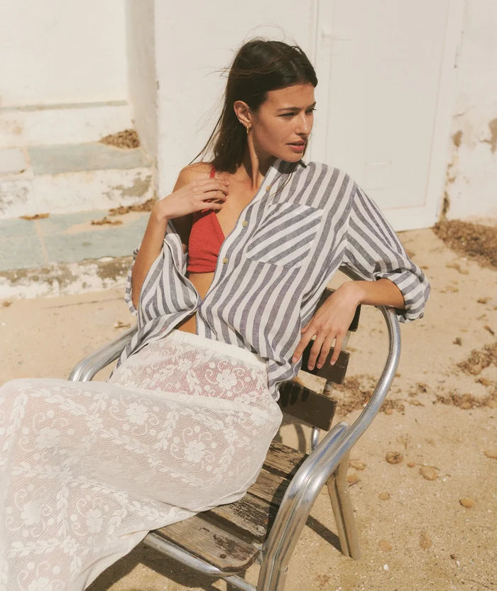 Jane Relaxed Linen Shirt - Navy & White Stripe