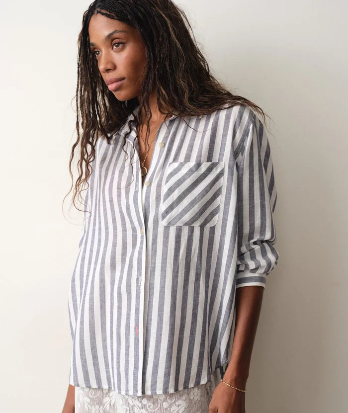 Jane Relaxed Linen Shirt - Navy & White Stripe