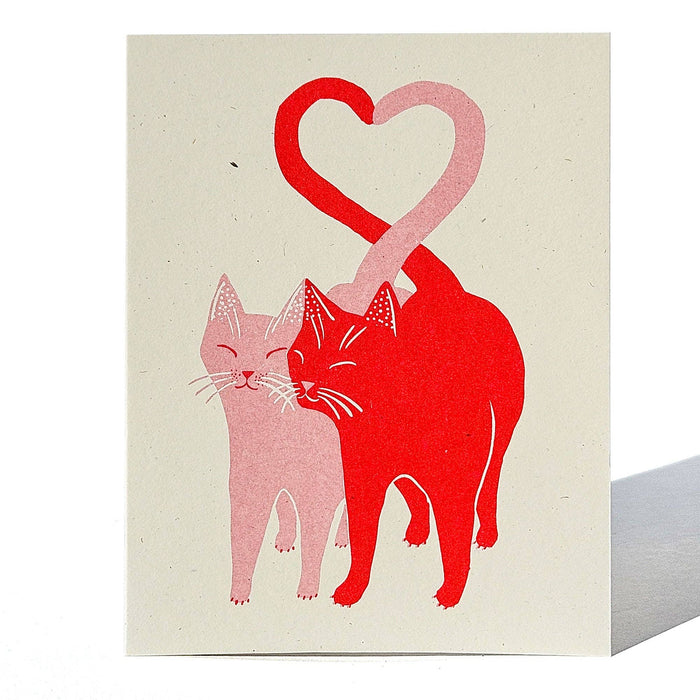 Love Cats pink and red Risograph greeting card by Bromstad Printing Co. featuring playful cat illustrations on textured paper