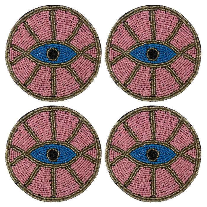 Pink Evil Eye Hand Embroidered Glass Bead Coasters, Set of 4