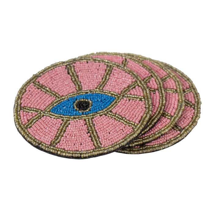 Pink Evil Eye Hand Embroidered Glass Bead Coasters, Set of 4