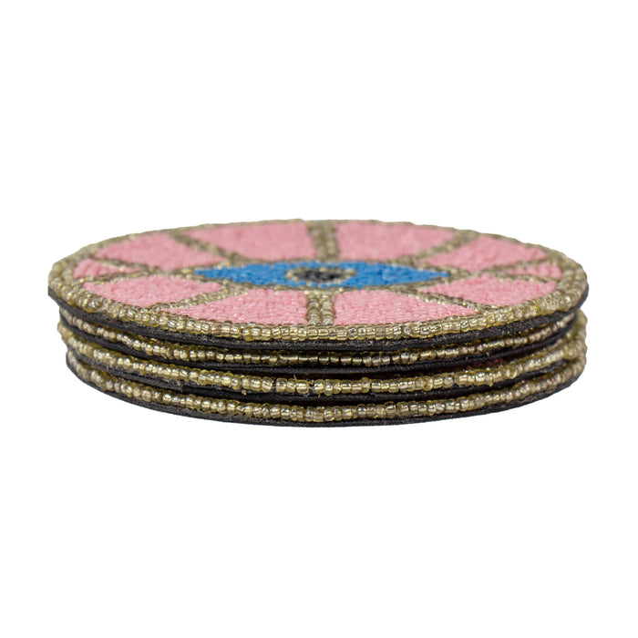 Pink Evil Eye Hand Embroidered Glass Bead Coasters, Set of 4