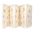 The Nuby US Reversible Floor Mat | Rainbows & Sky is a foldable, cream-colored baby play mat with a grid texture and pastel stars, moons, rainbows, clouds, and suns—portable and perfect for little explorers.