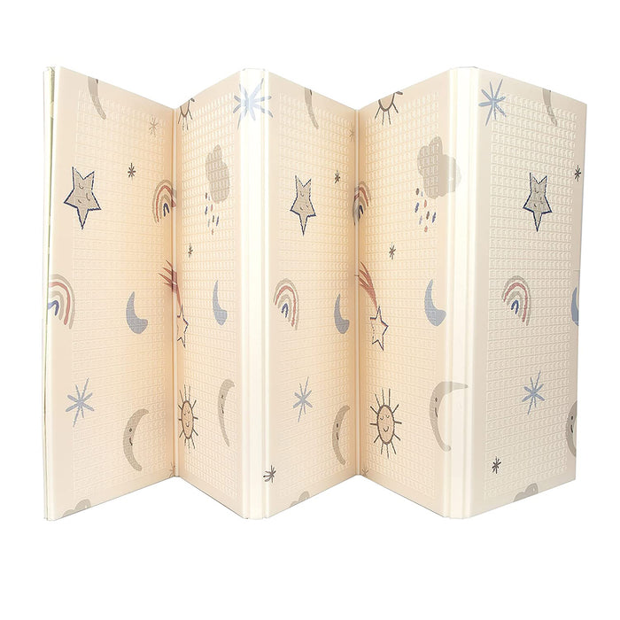 The Nuby US Reversible Floor Mat | Rainbows & Sky is a foldable, cream-colored baby play mat with a grid texture and pastel stars, moons, rainbows, clouds, and suns—portable and perfect for little explorers.