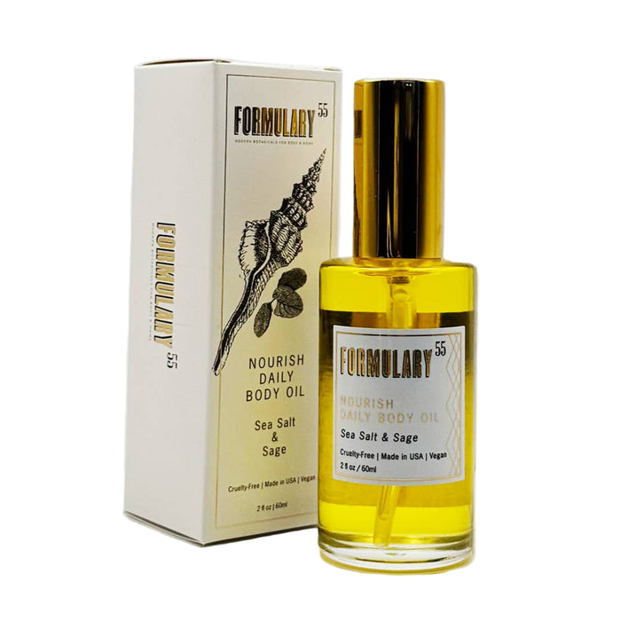 Formulary 55 Sea Salt & Sage Nourishing Body Oil bottle with a sleek label, designed for bath and body skincare.