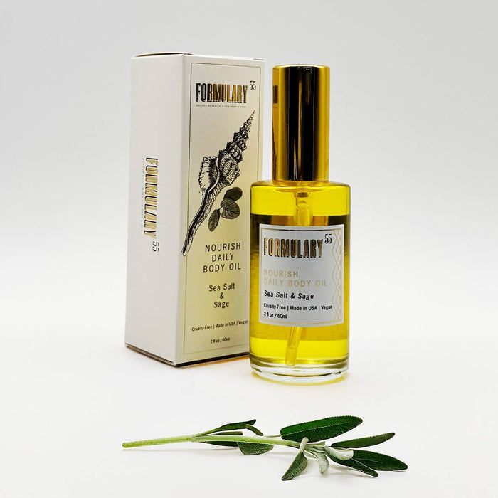 Formulary 55 Sea Salt & Sage Nourishing Body Oil in a glass bottle with a dropper, showcasing natural ingredients and packaging.