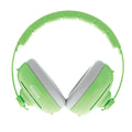 Soft Sounds 2-in-1 Noise Cancelling Earmuffs in bright green and white, featuring adjustable earmuffs, padded headband, and ear cushions, are displayed on a white background.