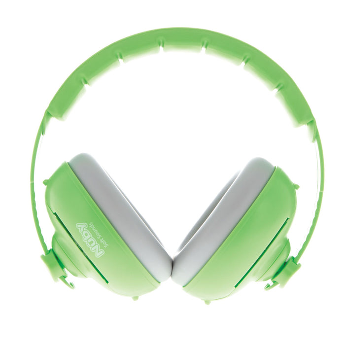 Soft Sounds 2-in-1 Noise Cancelling Earmuffs in bright green and white, featuring adjustable earmuffs, padded headband, and ear cushions, are displayed on a white background.