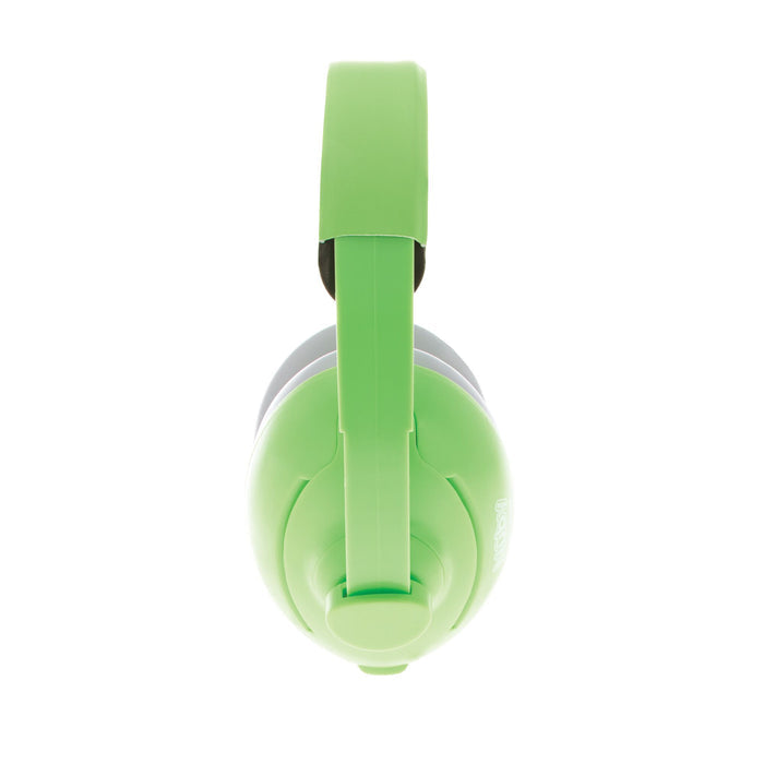 The Soft Sounds 2-in-1 Noise Cancelling Earmuffs in green feature adjustable over-ear cups, displayed from above on a white background with the headband and one ear cup clearly visible.