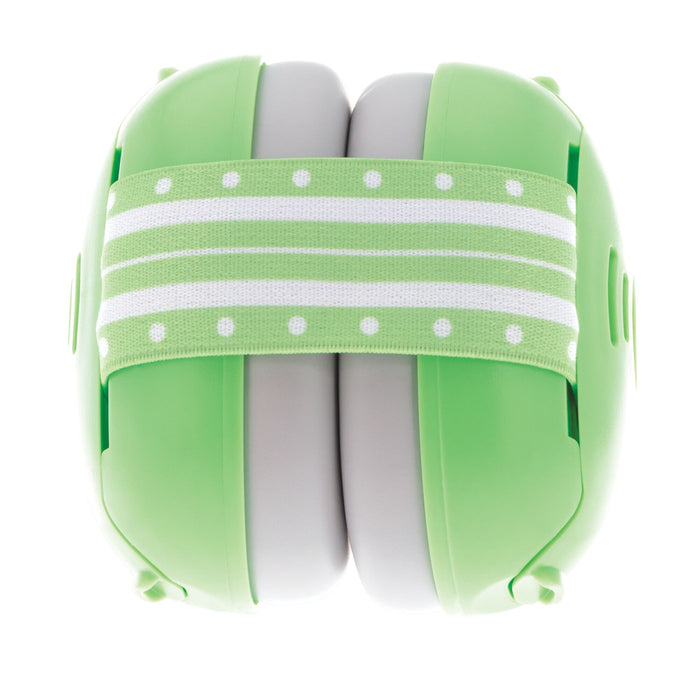 Soft Sounds 2-in-1 Noise Cancelling Earmuffs | Green feature white padded ear cups and a green and white striped, polka-dotted adjustable headband—ideal for baby hearing protection. Shown against a white background.