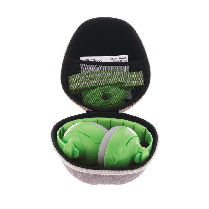 The Soft Sounds 2-in-1 Noise Cancelling Earmuffs in bright green are adjustable, folding neatly inside an open gray carrying case featuring a mesh lid pocket for accessories and a paper insert—ideal for baby hearing protection.