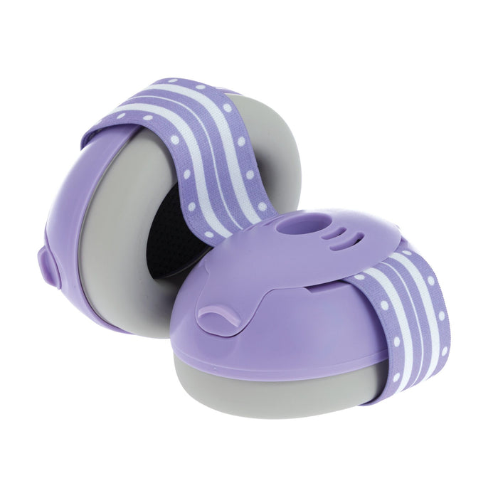 A pair of gray and purple knee pads with striped, polka-dotted elastic straps on a white background—perfectly matching Soft Sounds Baby Earmuffs | Purple for added hearing protection.