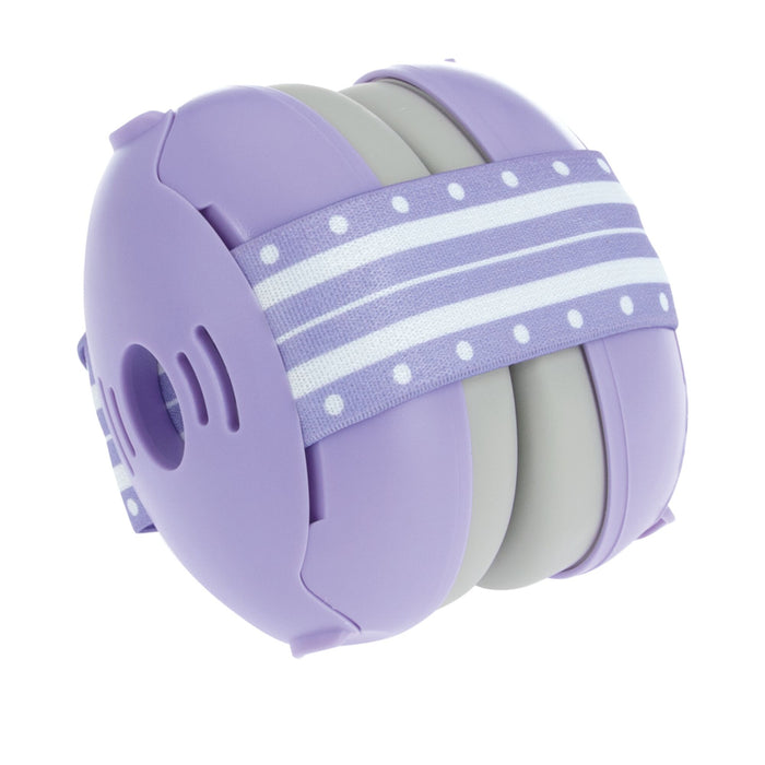 Soft Sounds Baby Earmuffs | Purple: A round, purple and gray plastic container with a white and purple polka-dotted striped elastic band, resembling an adjustable headband for baby hearing protection.