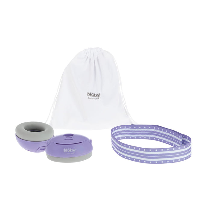 The Soft Sounds Baby Earmuffs | Purple set features two round purple and gray earmuffs for child hearing protection, a white drawstring bag, and a purple strap with white polka dots, all shown on a white background.
