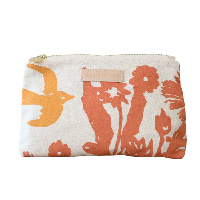 Tangerine and coral birds toiletry bag by Erin Flett, featuring a colorful fabric with bird illustrations and a zipper closure.
