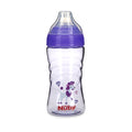 The Nuby Thirsty Kids Sip It Sport Beginner Travel Cup | Poodle is a clear, leak-resistant plastic sippy with a purple lid, cartoon poodle and diamond designs, plus a silicone spout for comfortable sipping.