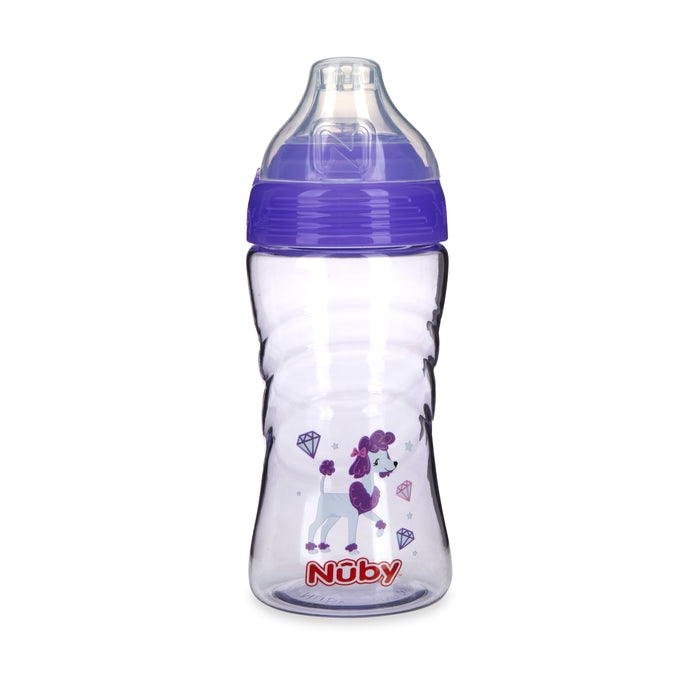 The Nuby Thirsty Kids Sip It Sport Beginner Travel Cup | Poodle is a clear, leak-resistant plastic sippy with a purple lid, cartoon poodle and diamond designs, plus a silicone spout for comfortable sipping.