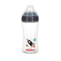 The Nuby Thirsty Kids Sip It Sport Beginner Travel Cup (Rocket, Grey) is a clear plastic baby bottle with a black lid, soft silicone sippy top, rocket and space designs, and features a No-Spill spout for mess-free drinking. Brand name appears in red near the bottom.