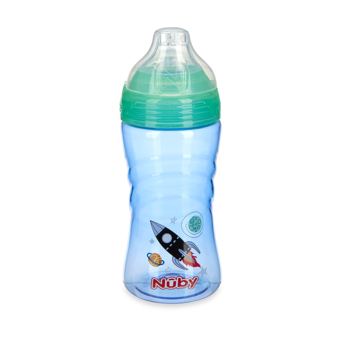 The Nuby Thirsty Kids Sip It Sport Beginner Travel Cup | Rocket is a blue toddler sippy cup with a green No-Spill silicone spout, space-themed design, ergonomic grip, break-resistant body, TOUCH-FLO valve for easy sipping, and Nuby logo at the base.