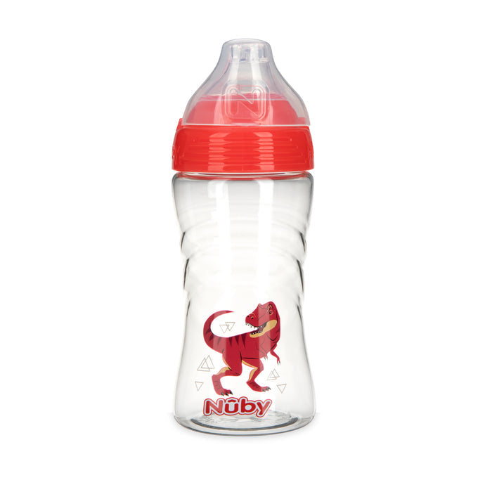 The Nuby Thirsty Kids Sip It Sport Beginner Travel Cup | T Rex features a clear no-spill cup with red lid, soft silicone spout, and a red cartoon dinosaur design for fun, leak-resistant hydration on the go.
