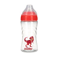 The Nuby Thirsty Kids Sip It Sport Beginner Travel Cup | T Rex features a clear no-spill cup with red lid, soft silicone spout, and a red cartoon dinosaur design for fun, leak-resistant hydration on the go.