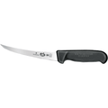 Victorinox curved boning knife with semi-stiff blade and black Fibrox handle on a white background.